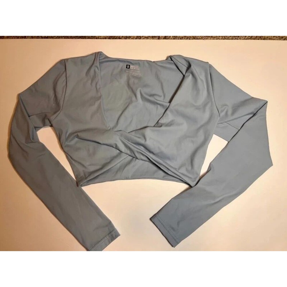 Women’s Small Slate Blue Wrap Front Cropped Long Sleeve Activewear Top
